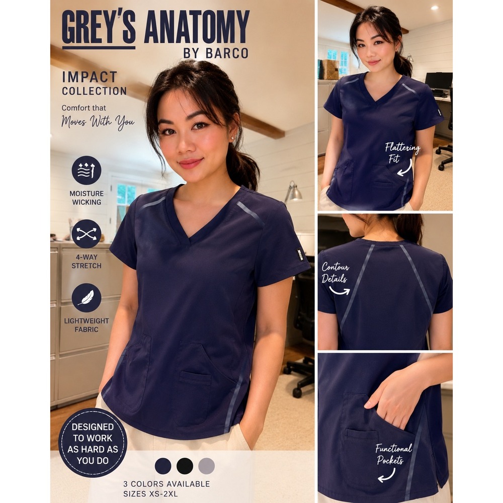 Greys Anatomy‎ by Barco Impact Navy Blue V-Neck Scrub Top Womens Medium 7188